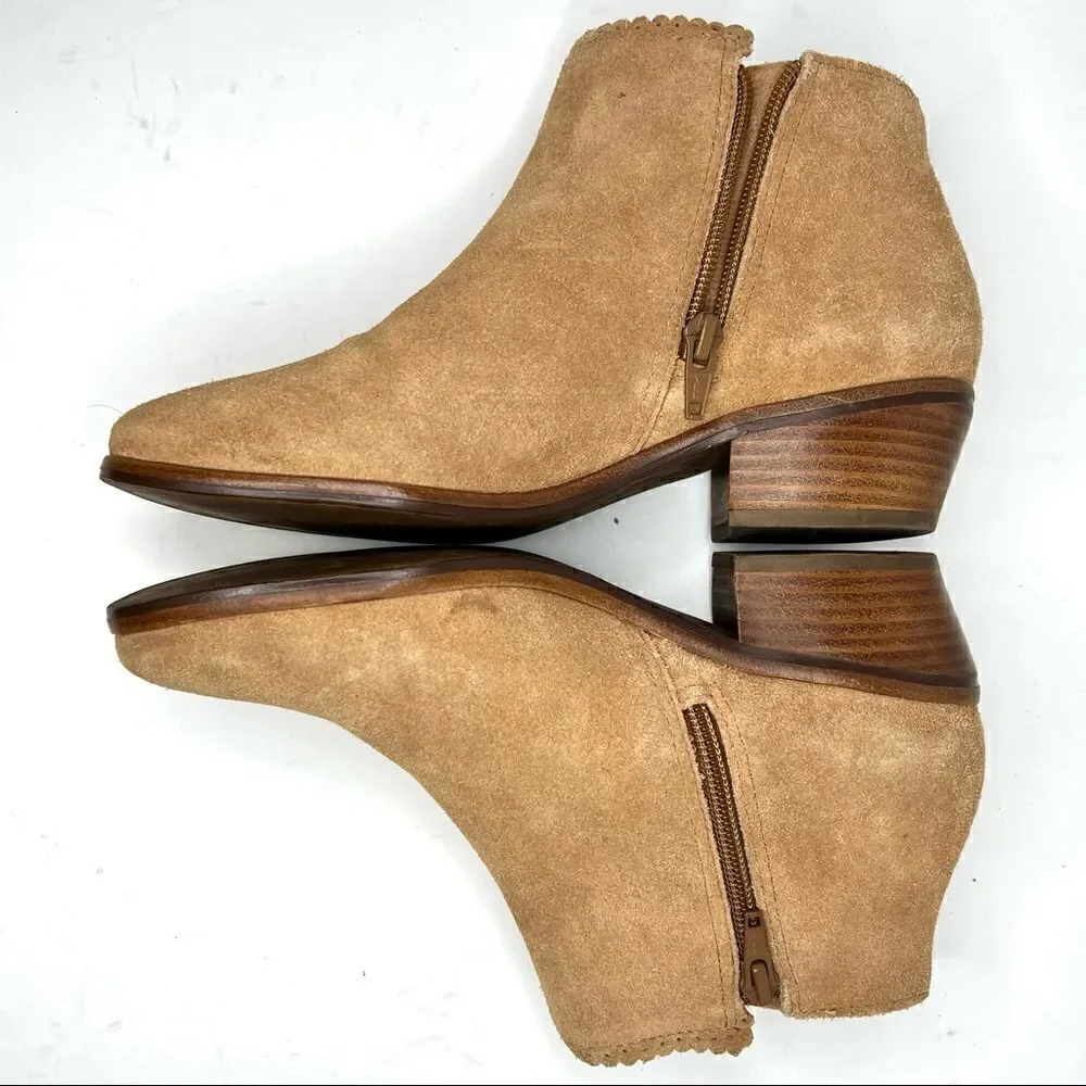 Jack Rogers Baliee‎ Suede Caramel Scalloped Trim Heeled Ankle Booties 6